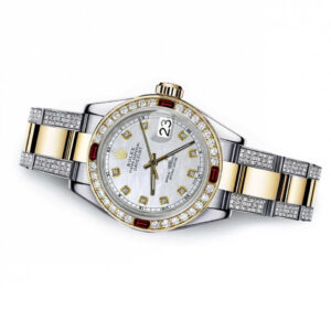 Rolex Grey Pearl Track 36mm Datejust Two Tone Side Diamonds + Rubies