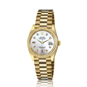 Rolex 31mm Presidential 18kt Gold White MOP Mother Of Pearl Baguette Diamond Dial Diamond Bezel 68276