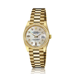 Rolex 31mm Presidential 18kt Gold White MOP Mother Of Pearl Baguette Diamond Dial Diamond Bezel 68276