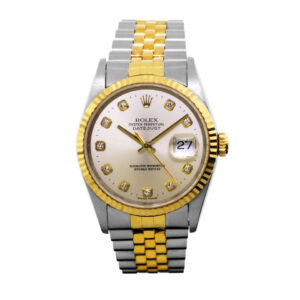 Rolex Datejust 36mm Yellow Gold Steel Silver Diamond Dial Fluted Bezel 16233