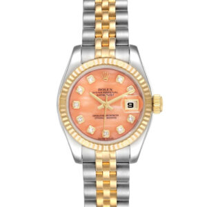 Rolex Datejust Steel Yellow Gold Pink Coral Stone Diamond Dial Watch 179173