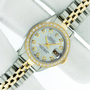 Rolex Lady DateJust 26mm Silver Diamond Watch Steel and 18k Yellow Gold Diamond Bezel