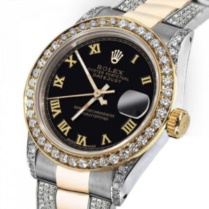 Rolex Black Roman 31mm Datejust Two Tone 18K Gold + SS + Side Diamonds Oyster Band + Bezel