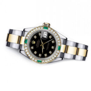 Rolex Men’s Black 36mm Rolex Datejust Two Tone Diamond + Emerald Bezel