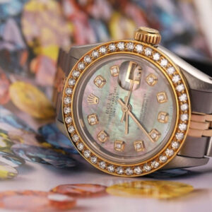 Rolex Ladies Rolex 26mm Datejust Vintage Diamond Bezel Two Tone Black MOP Mother Of Pearl Dial with Diamonds 69173