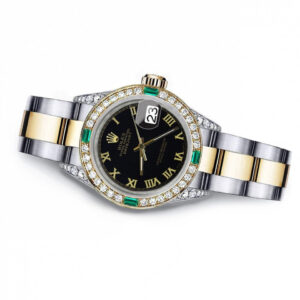 Rolex Black Roman 31 Datejust Two Tone Diamond lugs & Emeralds