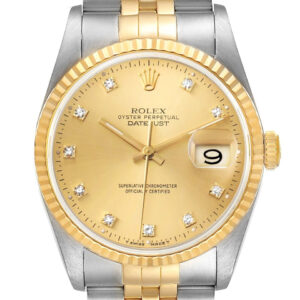 Rolex Datejust Steel Yellow Gold Diamond Dial Mens Watch 16233 Box Papers