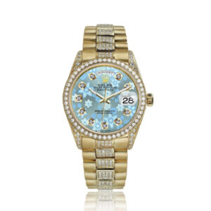 Rolex Presidential 36mm Diamond Glossy Ice Blue Flower with Diamond Accent Dial Diamond 18KT Yellow Gold Watch