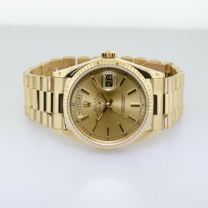 Rolex Day-Date 36mm Yellow Gold Champagne Stick Dial & Fluted Bezel 18038