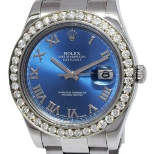 Rolex Datejust II Steel 3.30 CT Diamond Bezel Blue Roman Dial 41mm Watch 116300