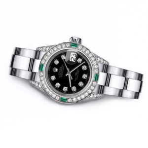 Rolex Ladies Black Track 26mm Rolex Datejust SS Diamond lugs & Emerald