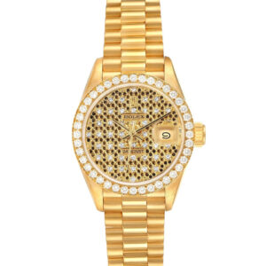 Rolex President Yellow Gold Honeycomb Diamond Dial Ladies Watch 69138 Box Papers