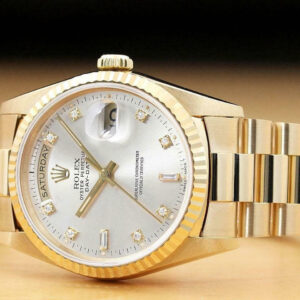 Rolex Mens President Day Date Factory Silver Diamond Dial 18k Yellow Gold Watch