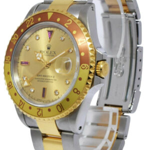 Rolex GMT-Master II 18k YG/Steel Serti Champagne Root Beer Mens 40mm Watch 16713