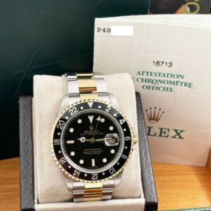 Rolex 16713 Gmt Master Ii Black Dial 18k Yellow Gold Stainless Steel Box Paper