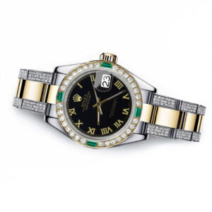 Rolex Ladies Rolex Black Roman 26mm Datejust Two Tone Side Diamonds + Emerald