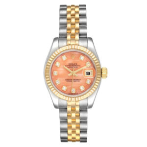 Rolex Datejust Steel Yellow Gold Pink Coral Stone Diamond Dial Watch 179173