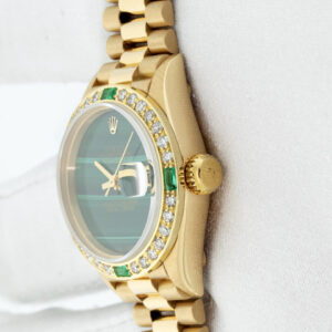 Rolex Lady DateJust 26mm Malachite Dial 18 karat Yellow Gold Emerald Diamond Bezel Watch