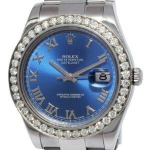 Rolex Datejust II Steel 3.30 CT Diamond Bezel Blue Roman Dial 41mm Watch 116300