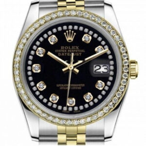 Rolex 36mm Datejust Diamond Bezel with Two Row Diamond Black Dial Two Tone Watch