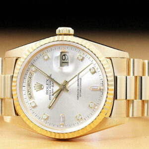 Rolex Mens President Day Date Factory Silver Diamond Dial 18k Yellow Gold Watch