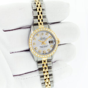 Rolex Lady DateJust 26mm Silver Diamond Watch Steel and 18k Yellow Gold Diamond Bezel