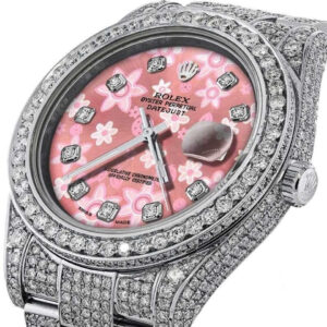 Rolex Mens 41mm Datejust II SS Glossy Pink Flower Dial Diamond Accent iced out full Bracelet