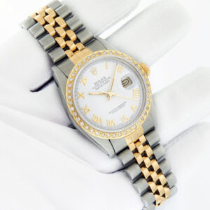 Rolex Mens Datejust White Roman Watch Diamond Sapphire 18k Gold Bezel Rolex Box