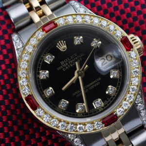 Rolex Ladies Rolex 26mm Datejust Two Tone Jubilee Black Color Dial Bezel +Lugs + Rubies 69173