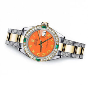 Rolex Women’s Rolex Orange Roman 31mm Datejust Two Tone Side Diamonds + Emerald