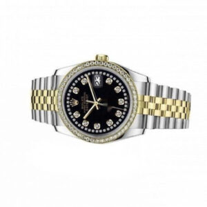 Rolex 36mm Datejust Diamond Bezel with Two Row Diamond Black Dial Two Tone Watch