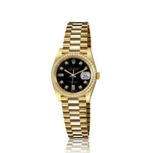 Rolex 26mm Datejust 18kt Gold Black Color Baguette Diamond Dial RT Diamond Bezel 6917