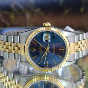 Rolex Mens Datejust Two-tone 16233 Factory Blue Index Dial Fluted 36mm Watch