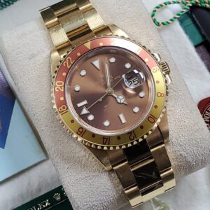 Rolex 18k Solid Yellow Gold RootBeer No Holes Case GMT-Master II Root Beer Brown Dial Bezel Box Paper Unpolished