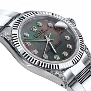 Rolex Black Pearl 31mm Datejust SS & 18K White Gold Fluted Bezel & Diamond Lugs