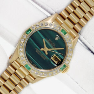 Rolex Lady DateJust 26mm Malachite Dial 18 karat Yellow Gold Emerald Diamond Bezel Watch