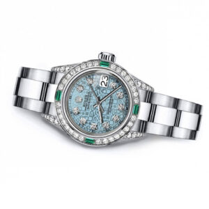 Rolex Ladies Rolex Blue Logo 31mm Datejust SS Diamond lugs & Emerald