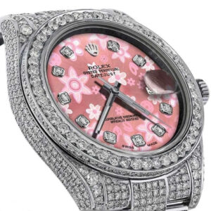 Rolex Mens 41mm Datejust II SS Glossy Pink Flower Dial Diamond Accent iced out full Bracelet