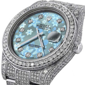 Rolex Mens 41mm Datejust II SS Glossy Ice Blue Flower Dial with Diamond Accent iced out full Bracelet