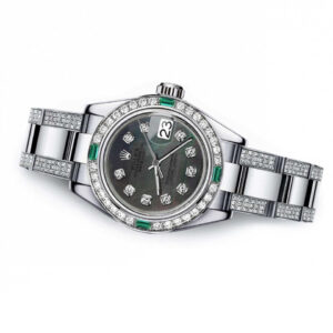 Rolex Emerald and Diamond 31mm Datejust SS Black MOP Mother Of Pearl Dial Watch with Diamonds