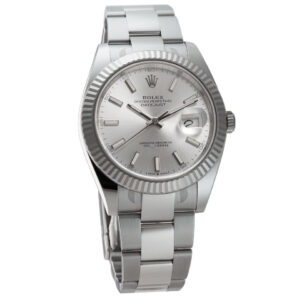 Rolex Datejust Steel 41mm 18k Fluted Bezel Silver Index Dial Oyster Bracelet