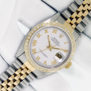 Rolex Mens Datejust White Roman Watch Diamond Sapphire 18k Gold Bezel Rolex Box