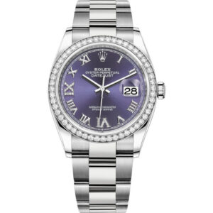 Rolex Datejust 36mm 126284RBR Stainless Steel Oyster Watch Purple Roman Pave Diamond VI and IX Dial