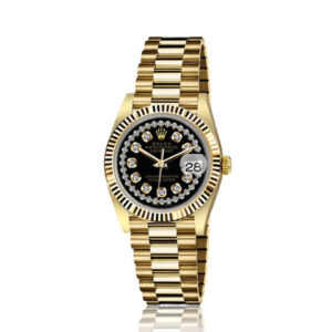 Rolex 31mm Presidential 18kt Gold Black String Diamond Dial Flutted Bezel 68278