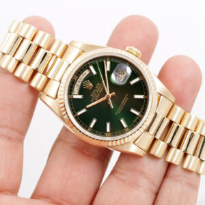 Rolex 18038 18k Yellow Gold Day-Date 36mm Custom “Green Luminescent” Dial w/ Original Box