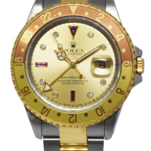 Rolex GMT-Master II 18k YG/Steel Serti Champagne Root Beer Mens 40mm Watch 16713