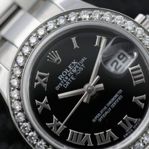 Rolex Datejust 26mm Ladies Stainless Steel Oyster Watch with Diamond Bezel and Black Dial 179160