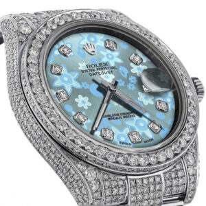 Rolex Mens 41mm Datejust II SS Glossy Ice Blue Flower Dial with Diamond Accent iced out full Bracelet