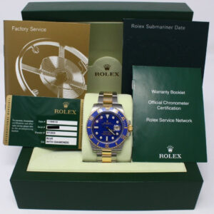 Rolex Submariner Date Two Tone Ceramic Blue Bezel Original Diamond Dial Box and Papers