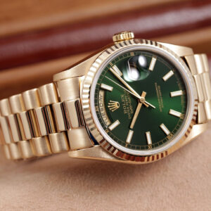 Rolex 18038 18k Yellow Gold Day-Date 36mm Custom “Green Luminescent” Dial w/ Original Box